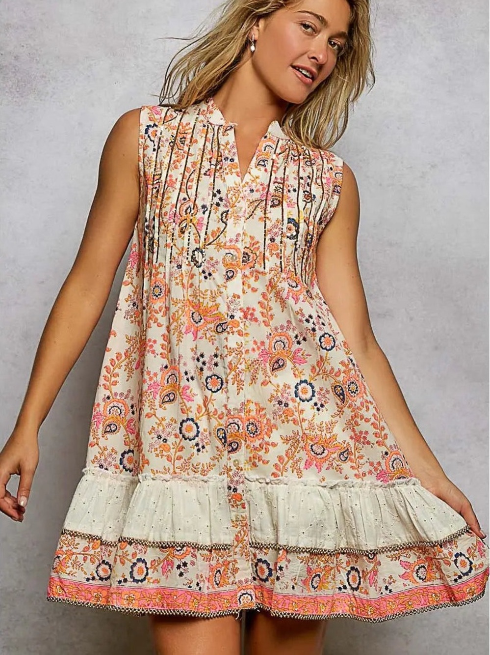 POL Floral Sleeveless Mini Dress in Cream and Peach Sorbet and Sequins Gold trim